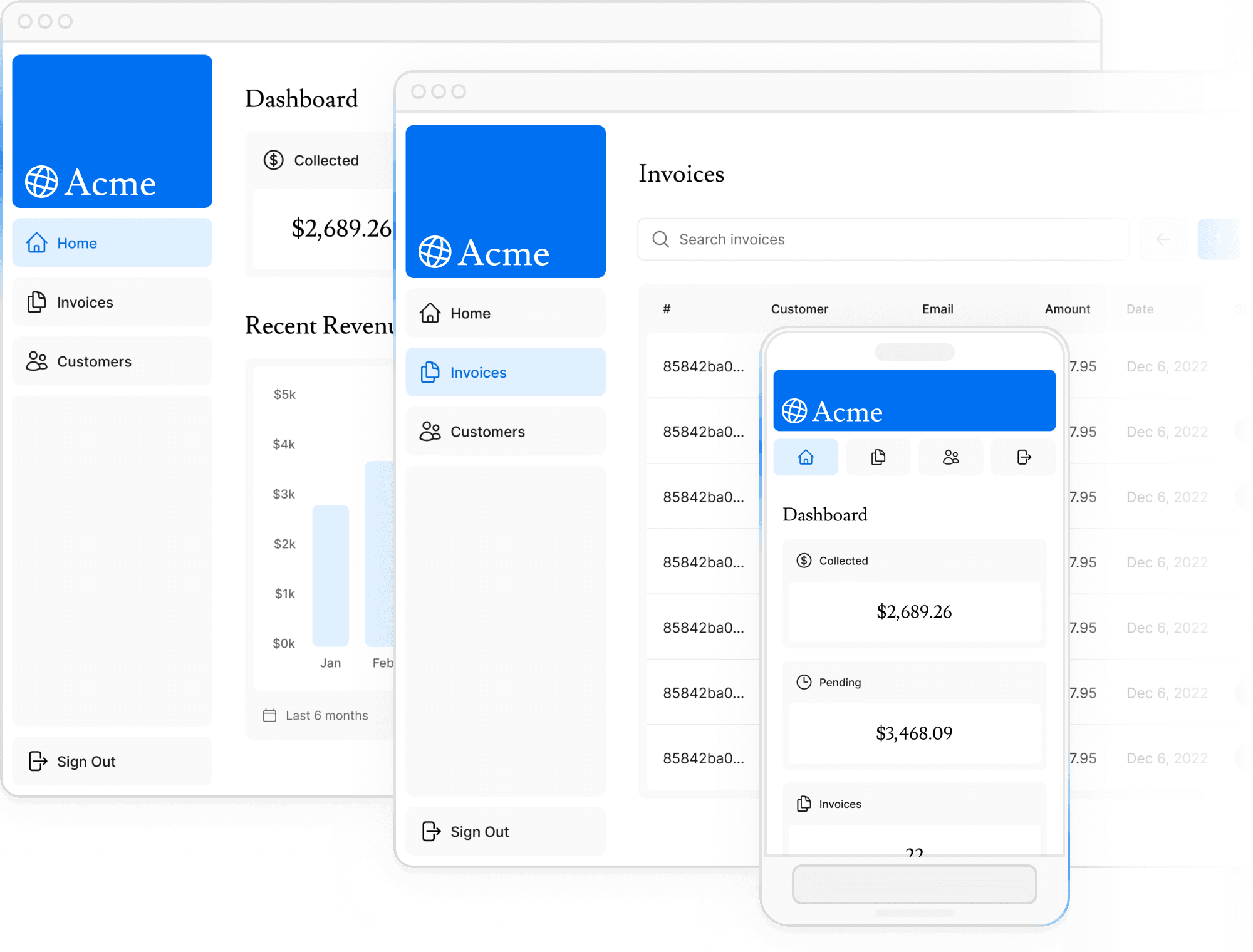 screenshots of the dashboard project showing desktop version